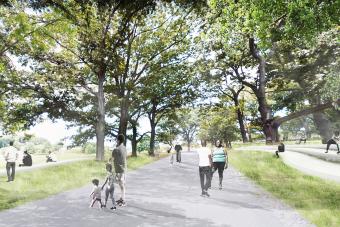 A rendering of people walking along a pathway in a park with trees and green grass