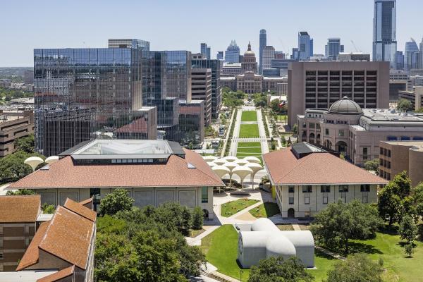 Aerial view of the Texas Capitol Mall from behind the Blanton Museum of Art. 