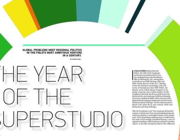 First page spread of Landscape Architecture Magazine's story about the Green New Deal Superstudio