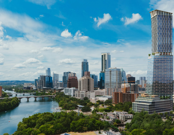 Rendering of a supertall skyscraper seen in the forefront of the image along the waterfront of Lady Bird Lake