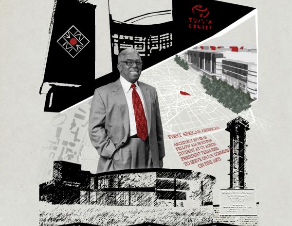 John S. Chase collage on a limestone background featuring a black and white picture of Chase with a red tie, the NOMAS and Toyota Center logos, and other elements of Chase's life