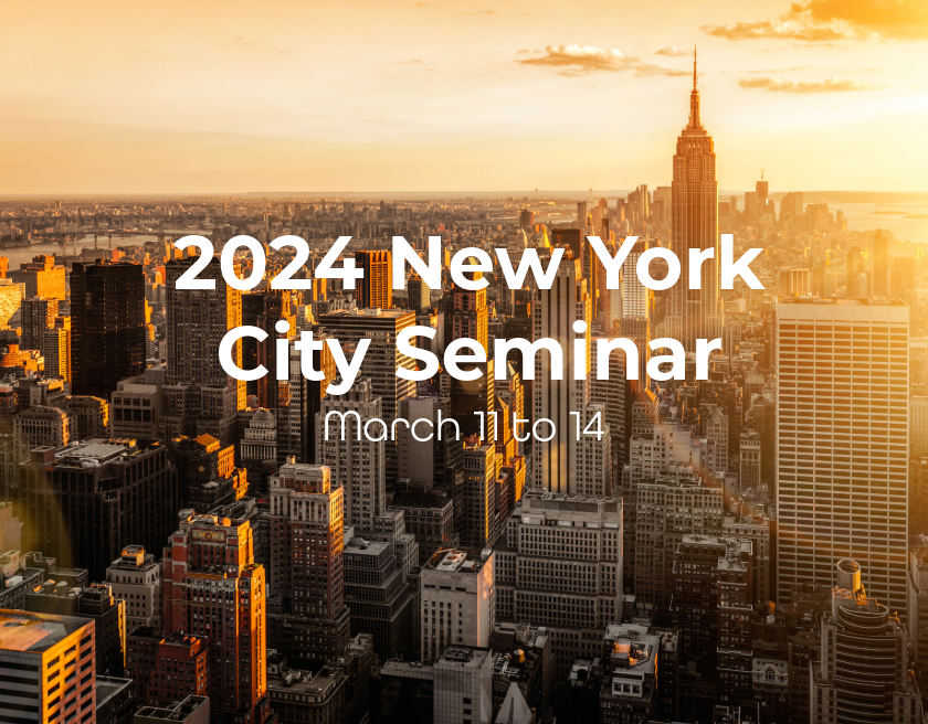 New York City skyline at dusk with the words 2024 New York City Seminar on top