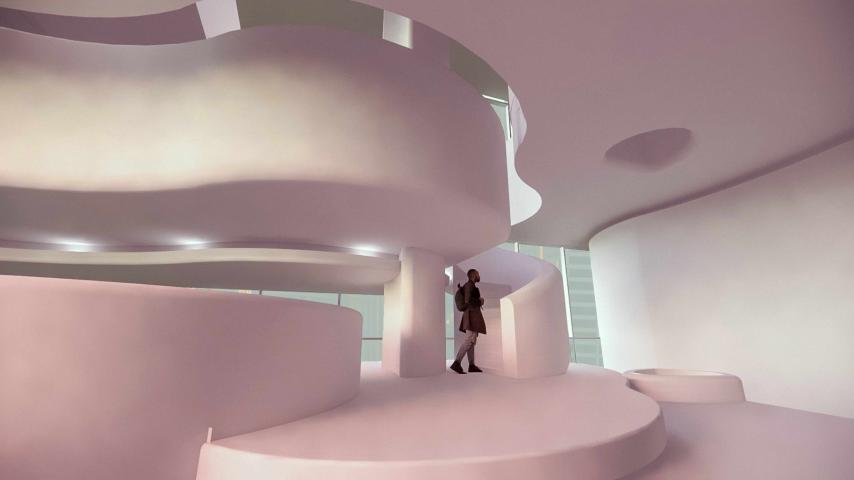 A man stands in a design rendering of stairs, colored in pastel pink