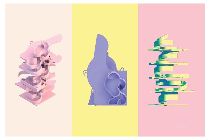 Three pastel backgrounded panels featuring colorful renderings of stairs