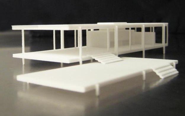 3D printed, scale plastic model of an open residential structure