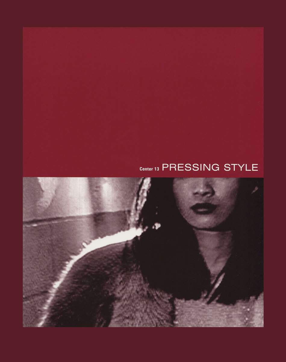 "Center 13: Pressing Style" on a maroon book cover with a maroon-toned image of a woman's head and chest from the nose down.