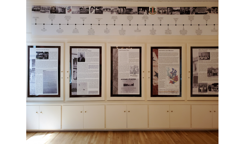 A view of panels from the Reckoning with the Past: Slavery, Segregation, and Gentrification in Austin exhibition mounted at the Neill-Cochran House Museum from February 2020 through September 2021. The student research formed the basis of the exhibition, which offered an in-progress look at ongoing research to reinterpret and restore the Slave Quarters building at the site.