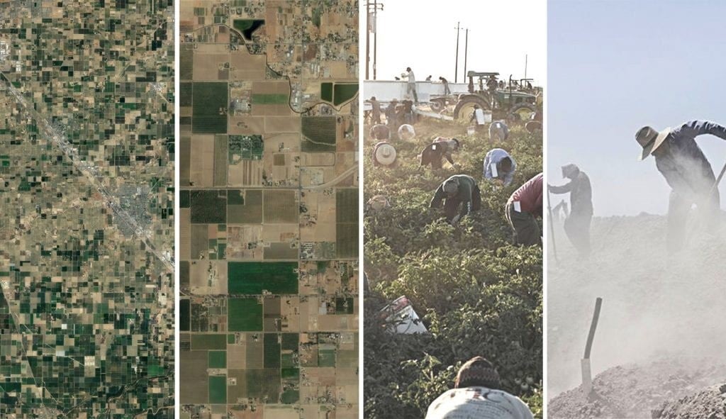 Four panels: two aerial views of farmland and two panels of laboring farm workers