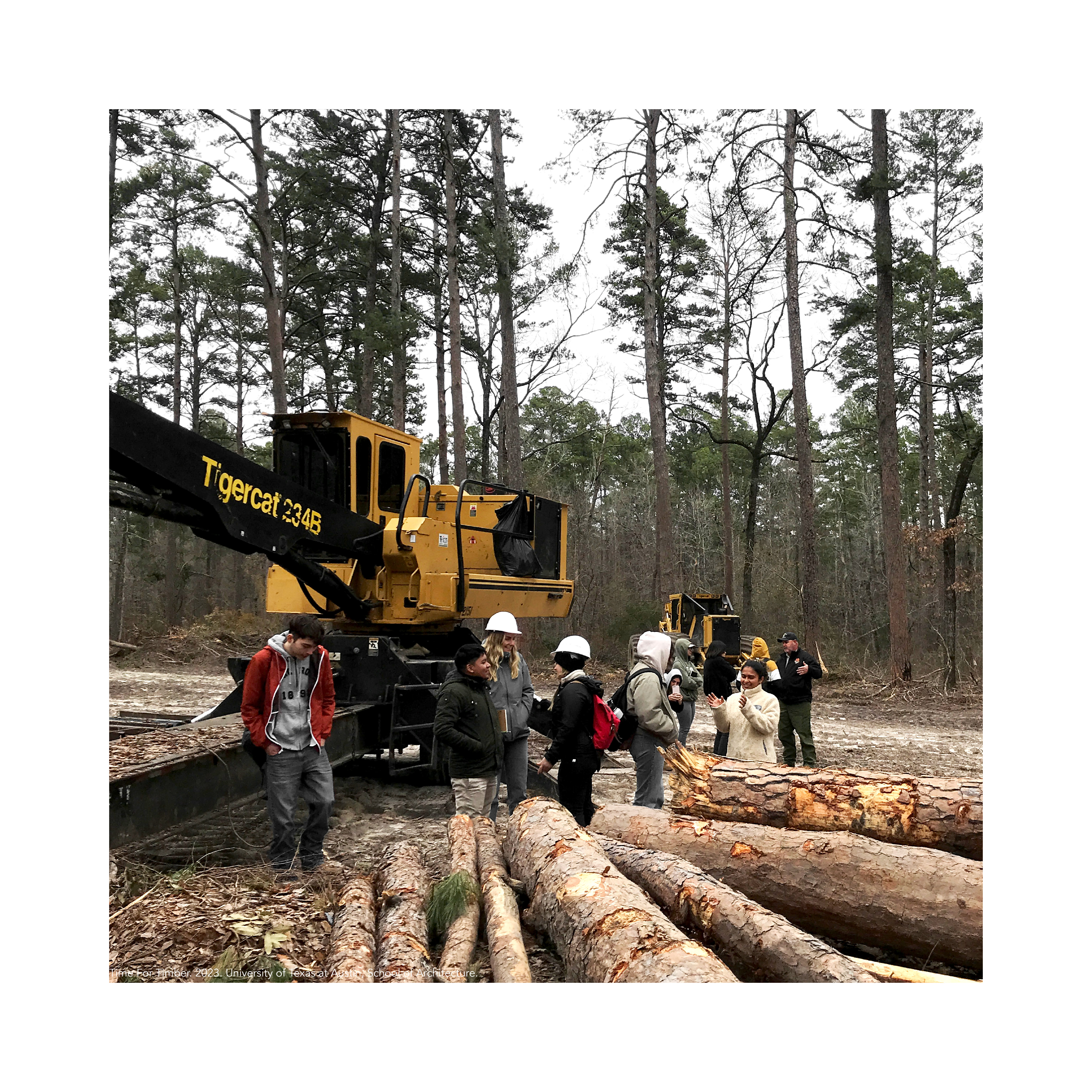 Students in jackets and hard hats gather around a piece of heavy machinery, with large logs piled up in the foreground and tall trees in the background