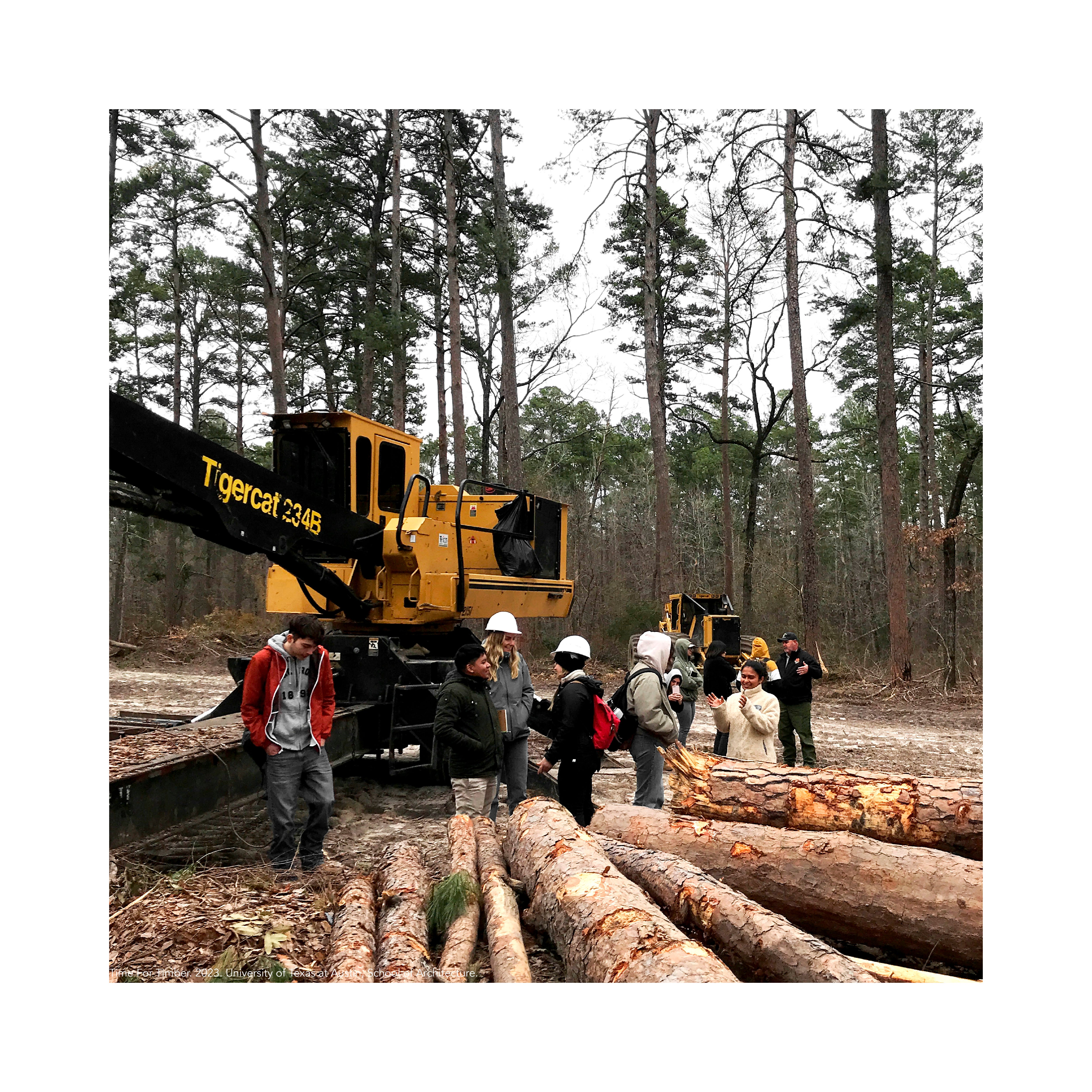 Students in jackets and hard hats gather around a piece of heavy machinery, with large logs piled up in the foreground and tall trees in the background