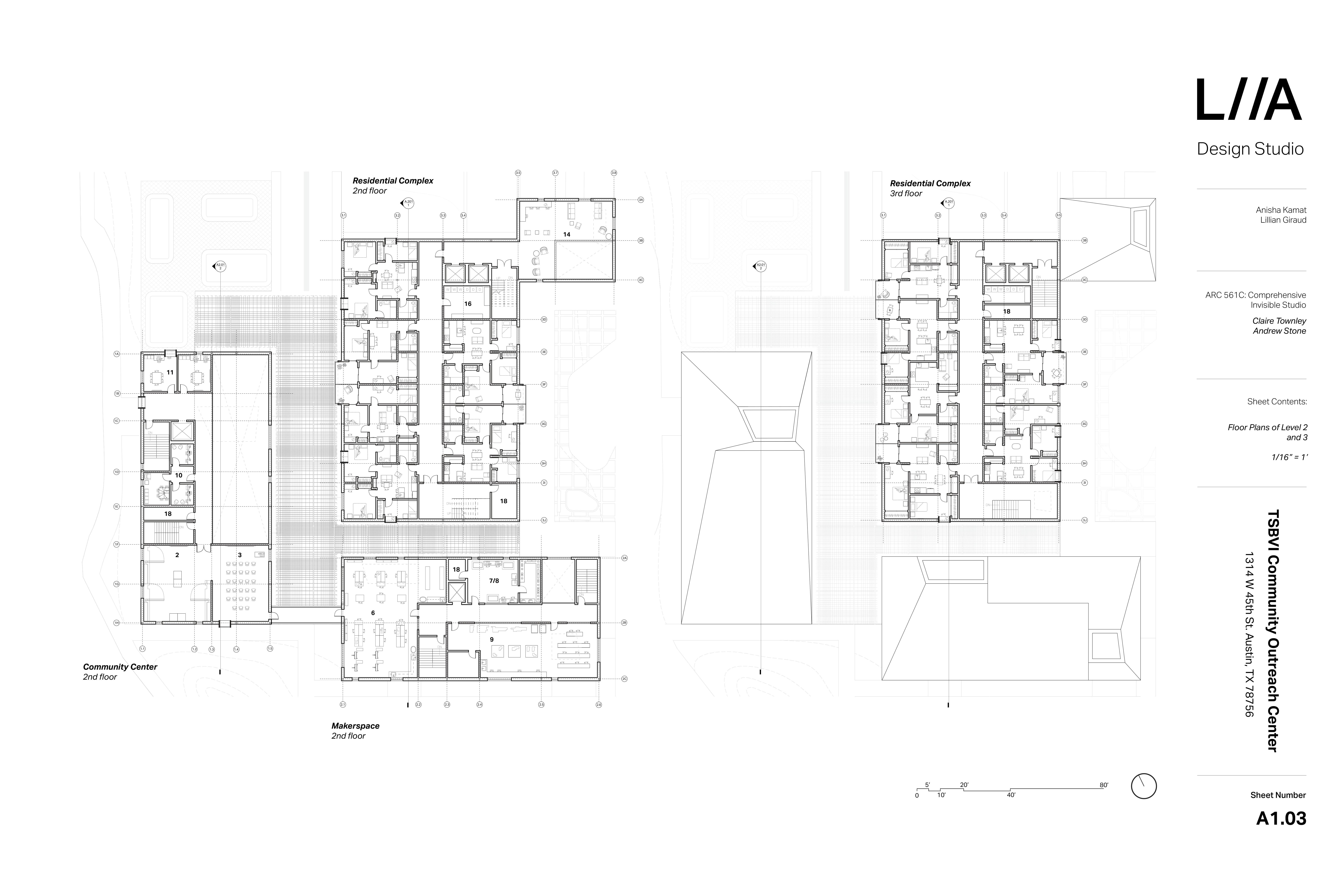 Floorplans of Level 2 and Level 3 of Anisha Kamat and Lillian Giraud's proposal for the Texas School for the Blind and Visually Impaired