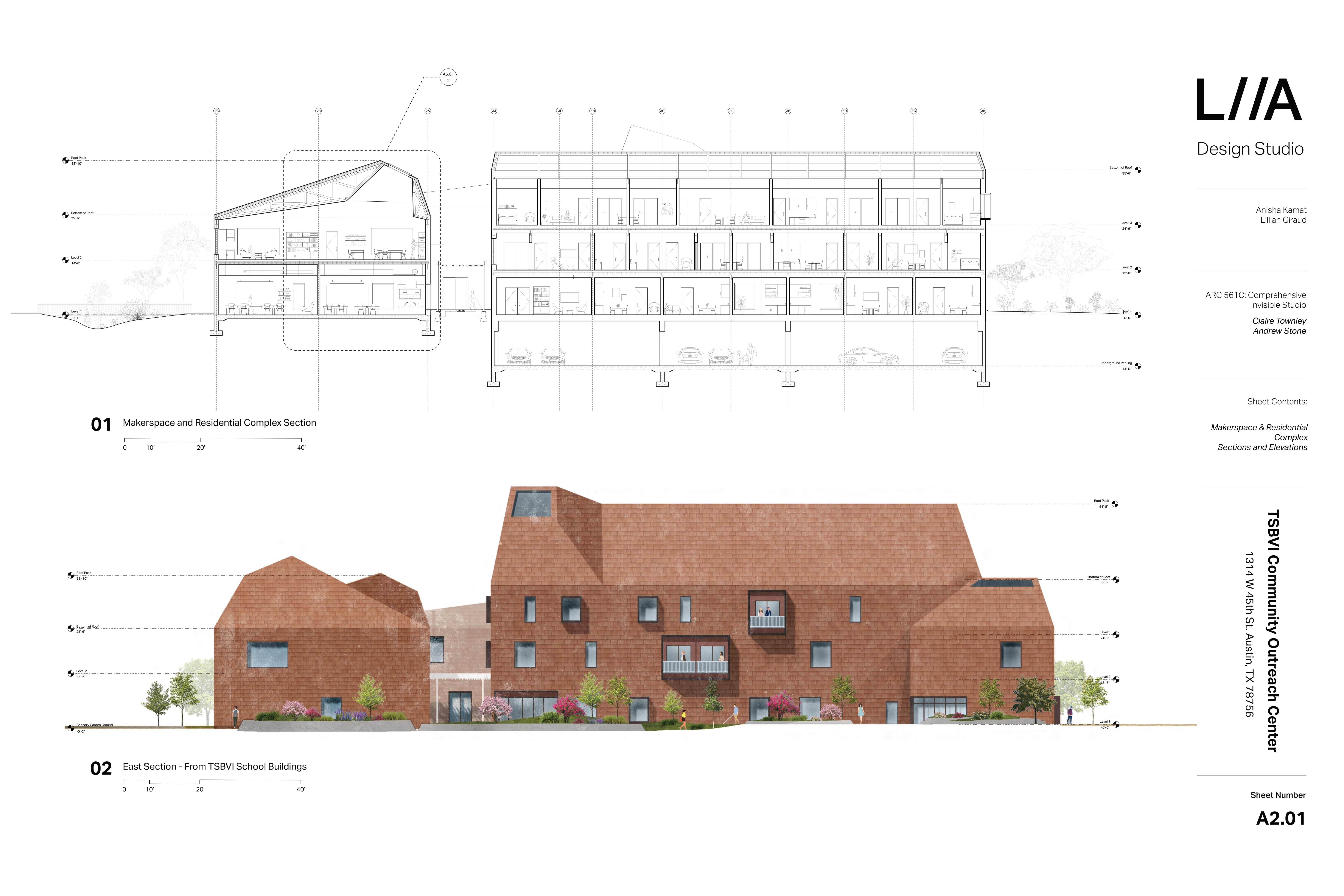 Section and elevations for Kamat and Giraud's makerspace and residential complex