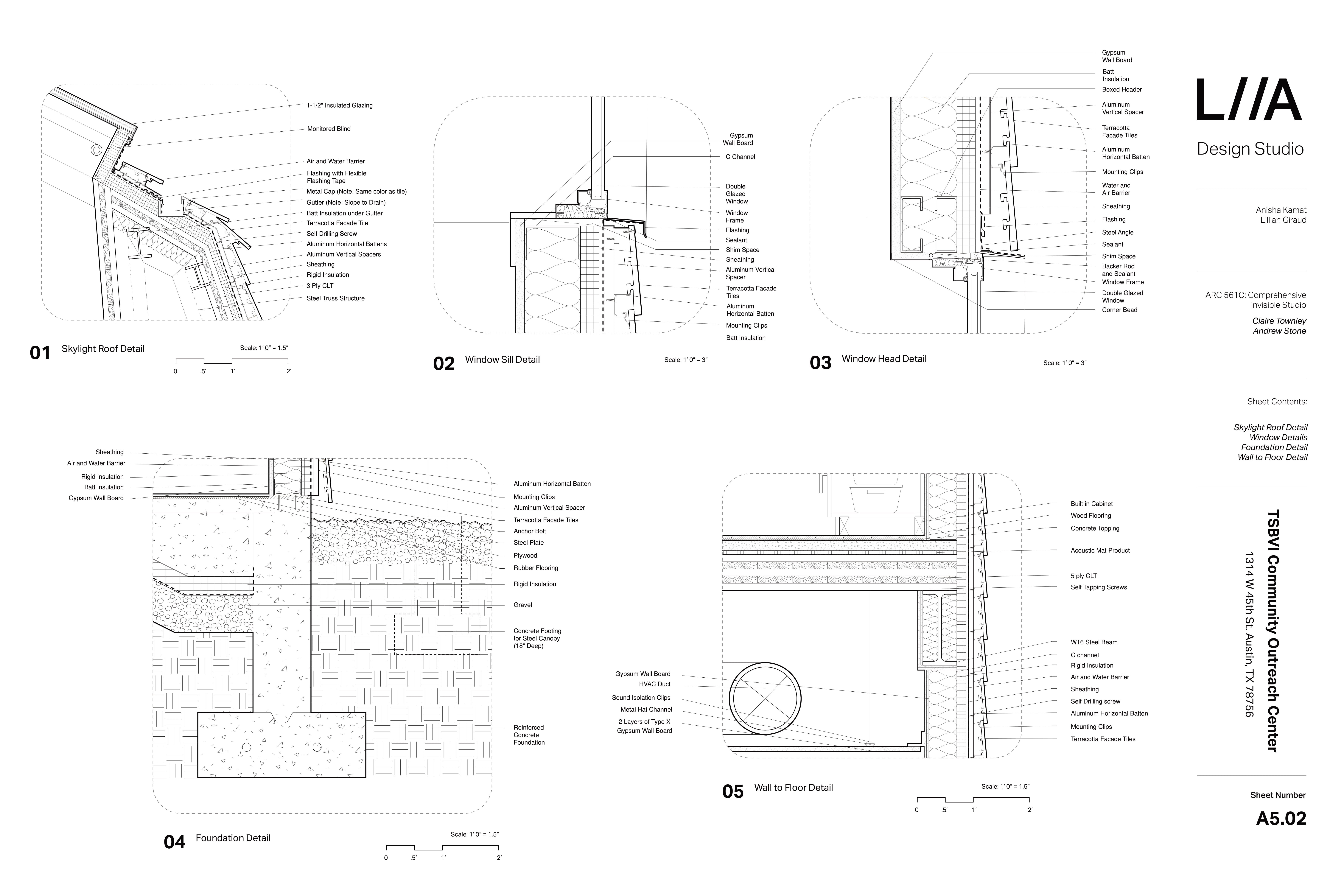 Skylight details, window details, foundation details, and wall-to-floor details