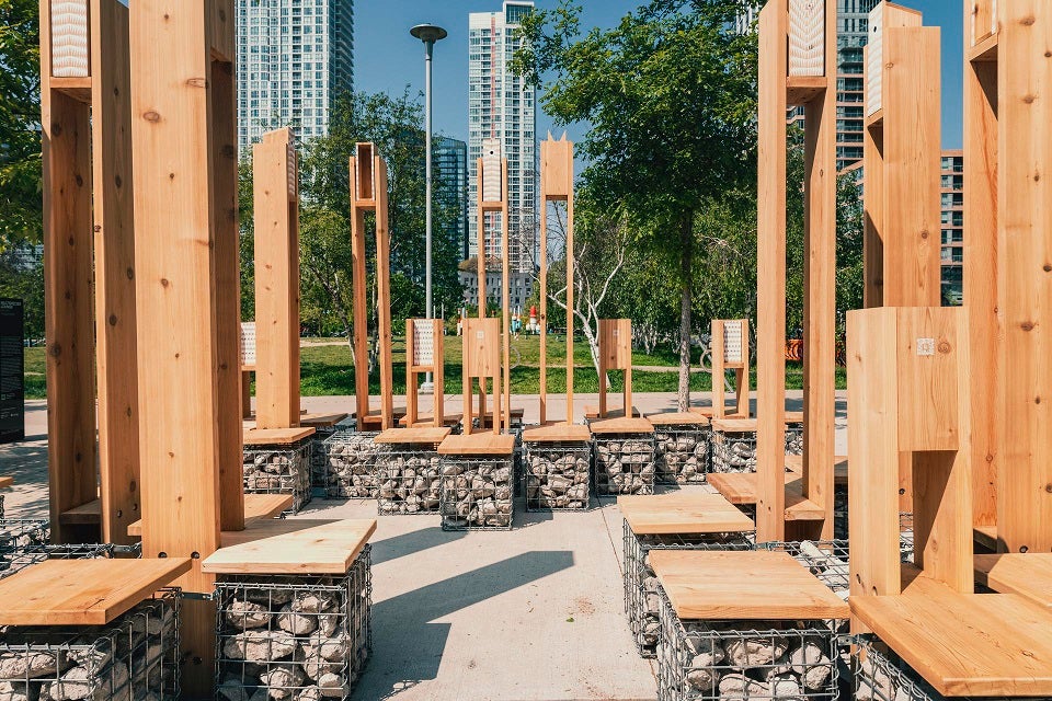 View of Multispecies Lounge looking through the middle of the cluster of urban furnishings