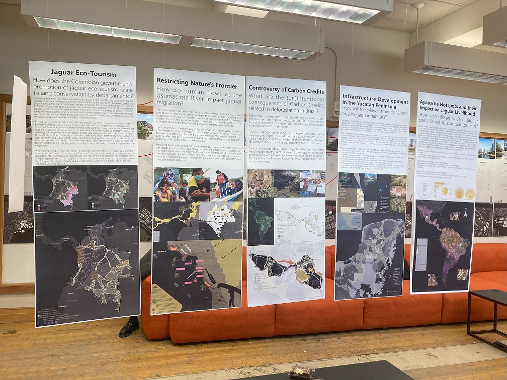 Tourism in the Jaguar Corridor student exhibition. The double-sided panels presented the students’ projects, using string to physically and visually connect areas of overlap in their research and findings. 