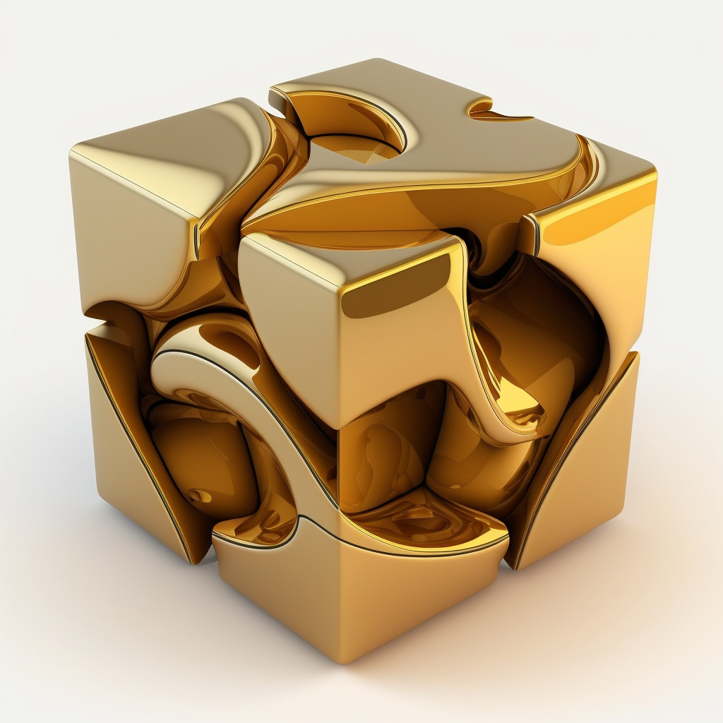 MidJourney AI version of a complex 3d puzzle. The pieces are made of shiny gold material.