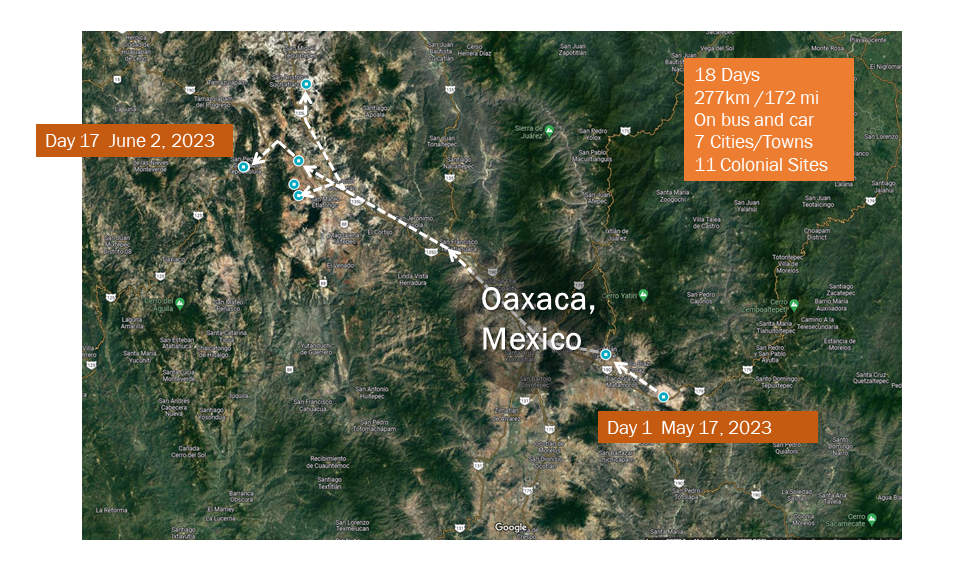 Google Earth map of Oaxaca, Mexico and the surrounding areas. Text reads: "18 days, 277 km/172 mi, on bus and car, 7 cities/towns, 11 colonial sites."