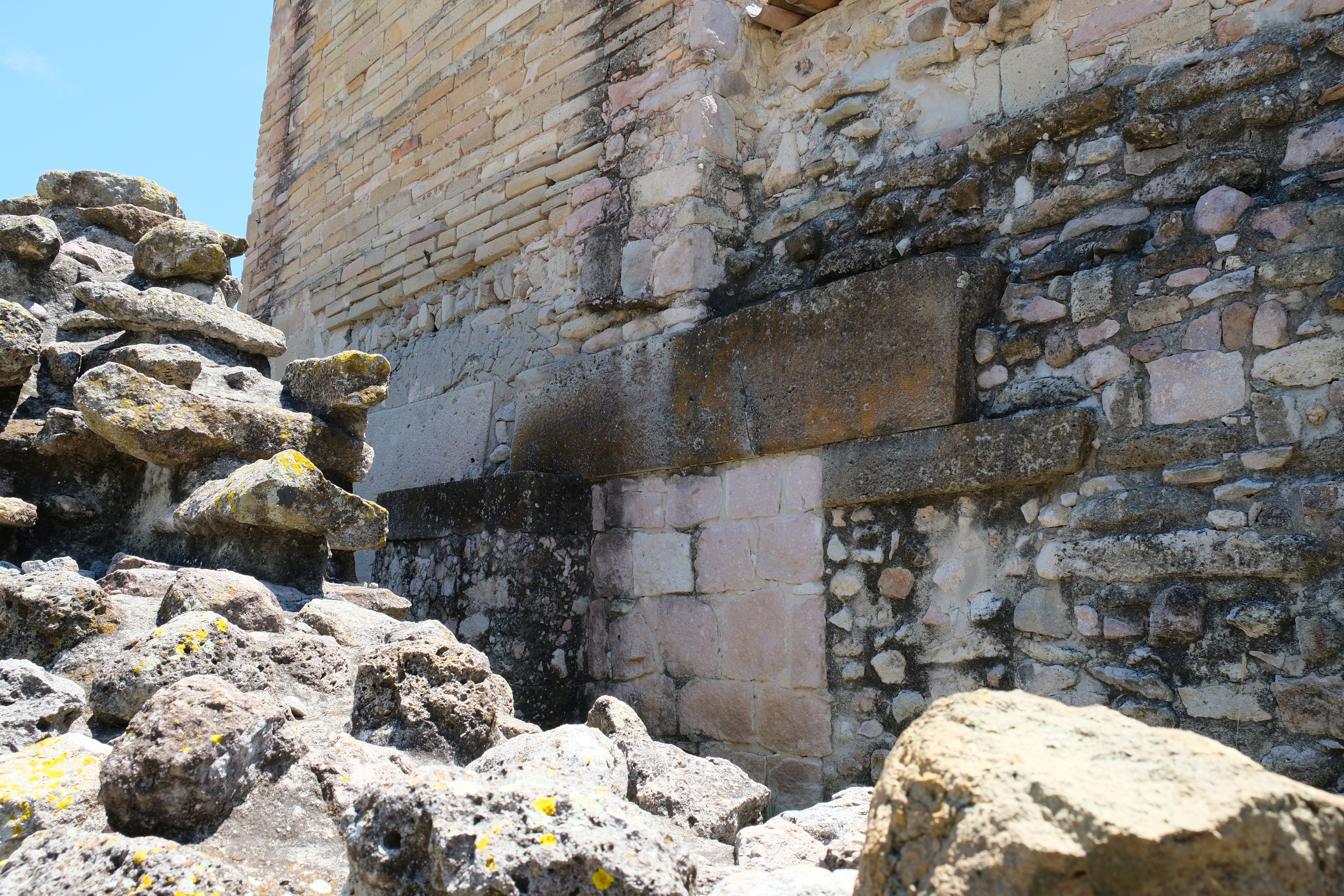 West Side of the Church of San Pablo showing details of the wall that is half-ruins from the original indigenous structure.