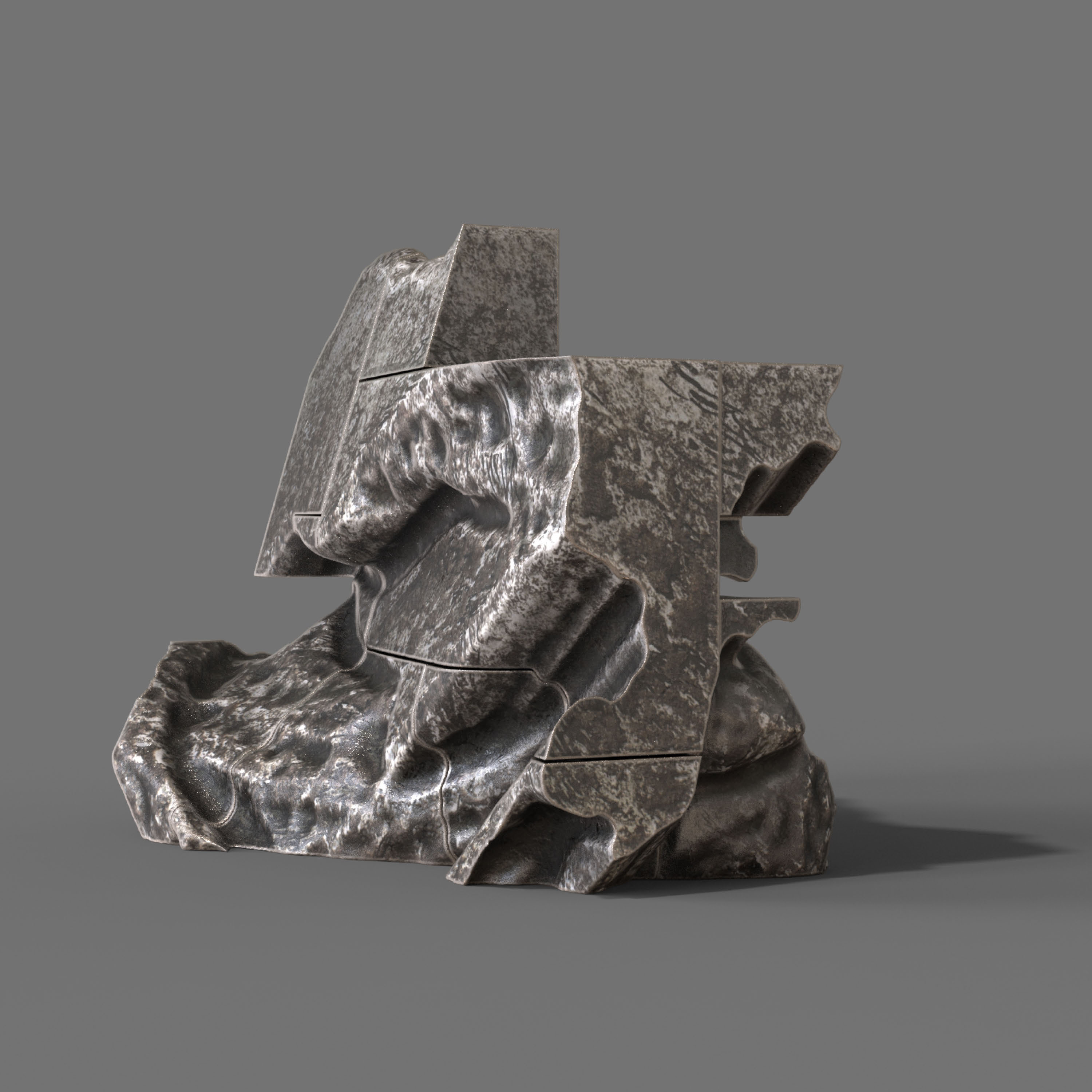 A complex computer-generated model made of stone against a grey background.