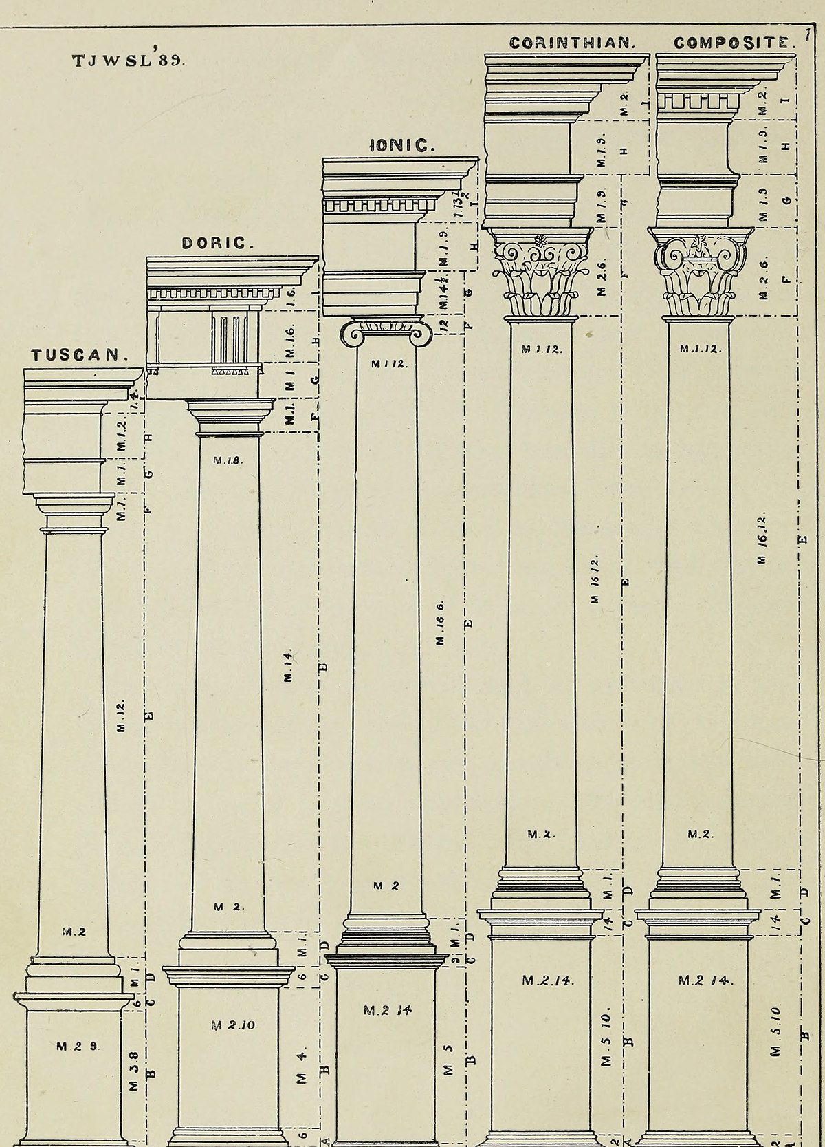 Detailed drawing with measurements of various columns in a row, each a little higher than the other