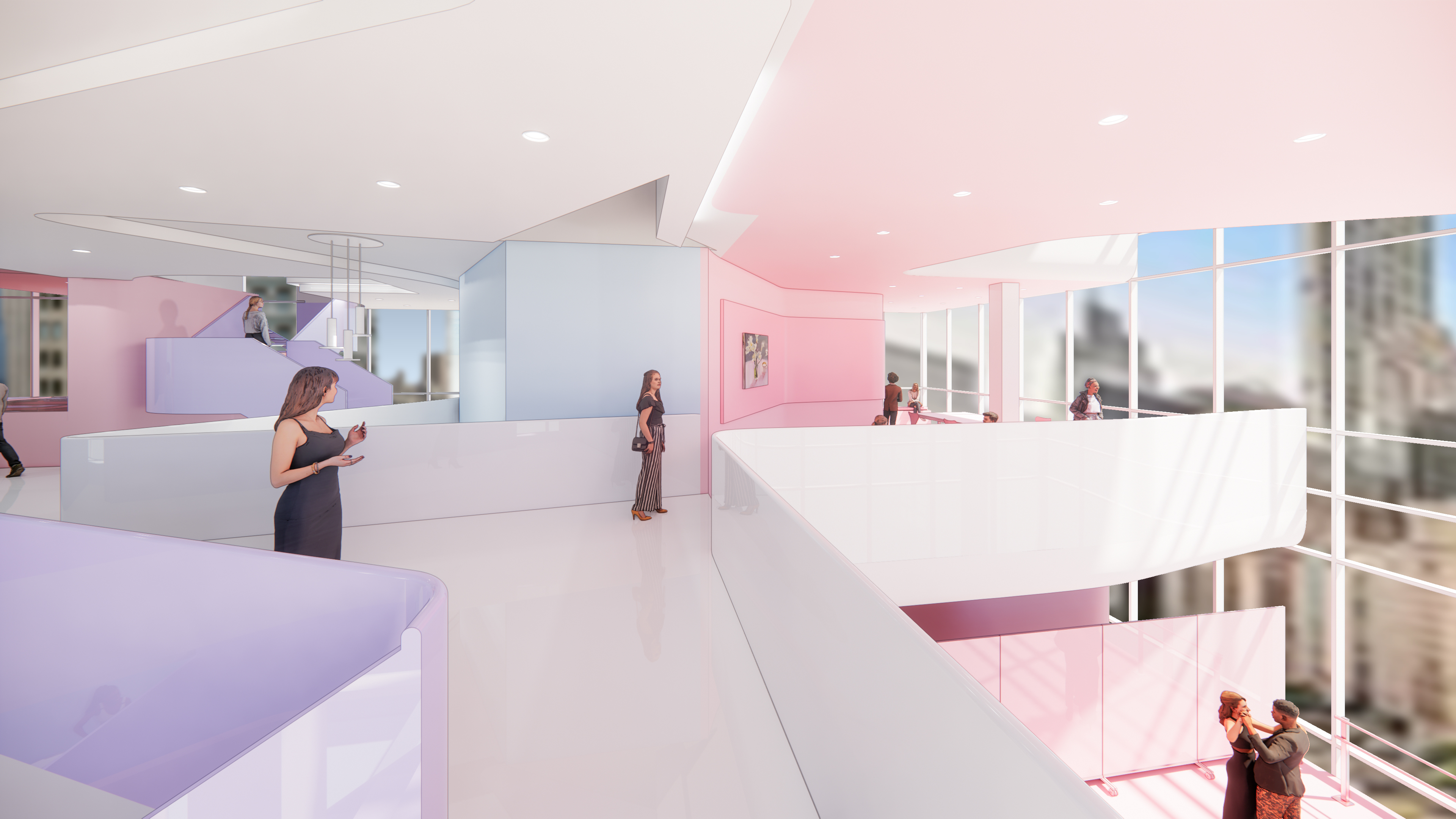 Interior rendering of an artist residency in shades of light pink and purple.