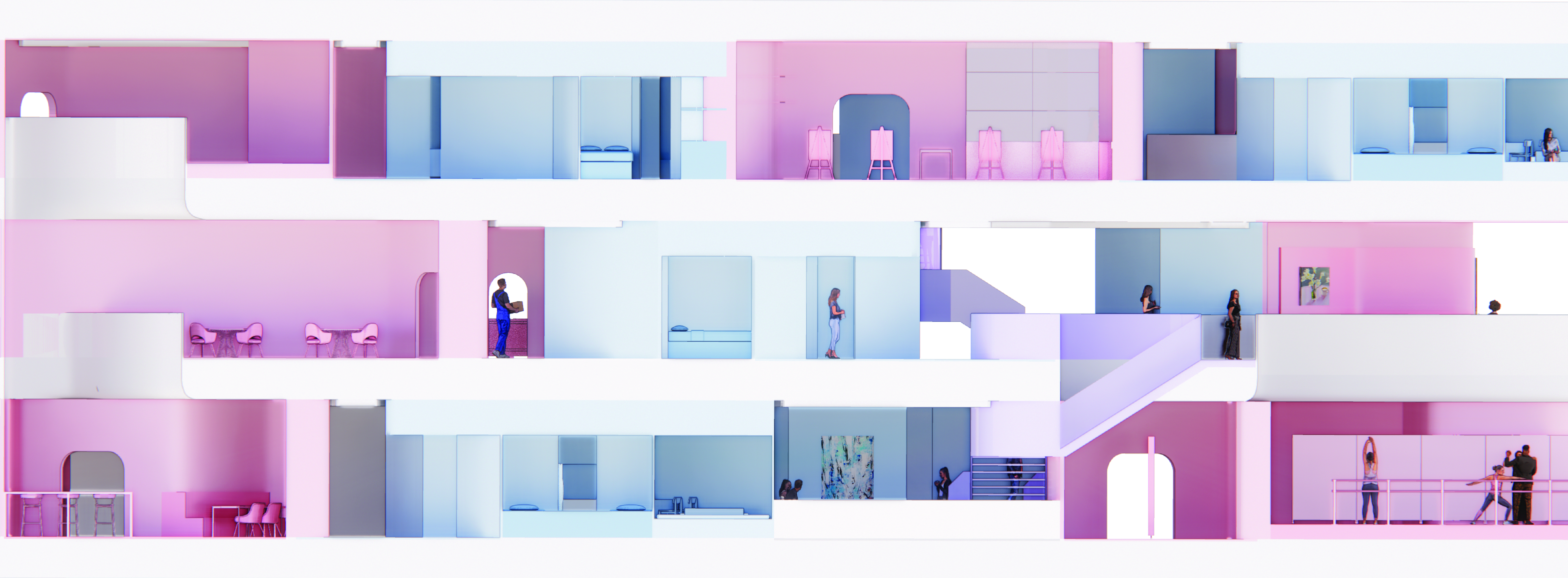 Section rendering of an artist residency in shades of pink, purple and blue