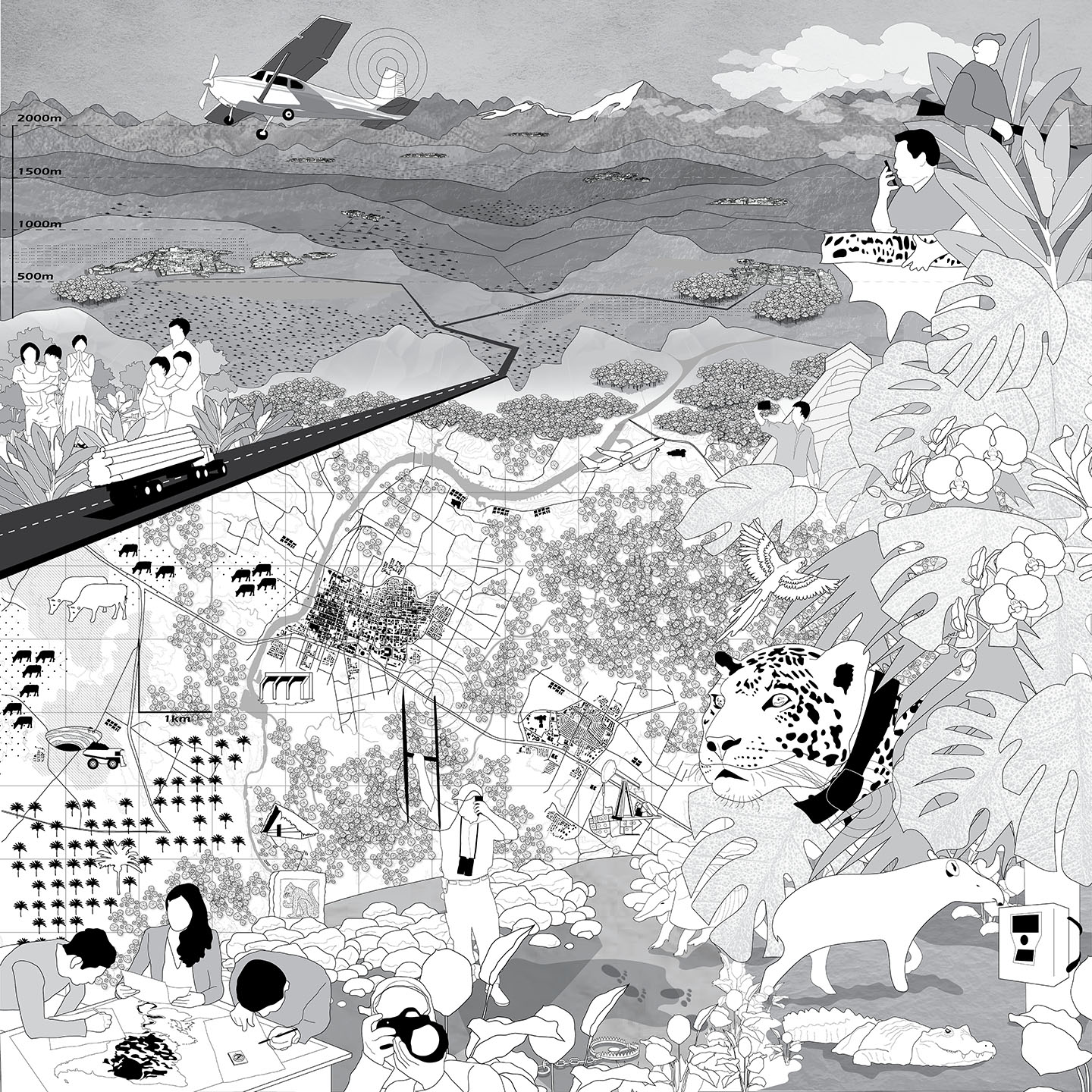 Black and white drawing of a landscape featuring natural and human interactions 