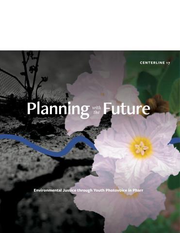 Various natural backgrounds with a white flower in the foreground and a blue line connecting them. Text reads "Planning with the Future."