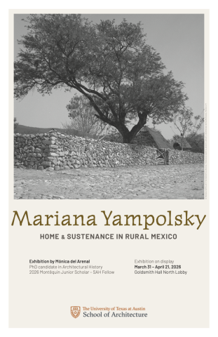 Poster of a black and white photo with a large tree and brick siding. With the title Mariana Yampolsky.