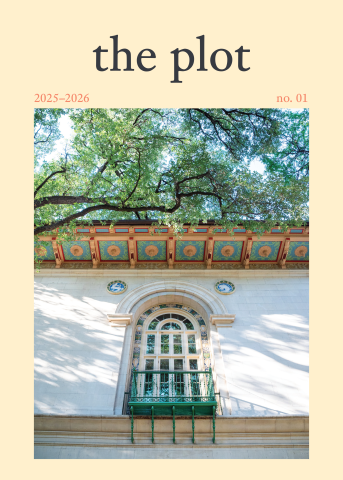 Cover image of The Plot magazine featuring ornate architecture library windows under dappled sunlight on UT Campus.