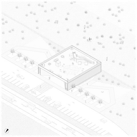 isometric render of marfa welcome center