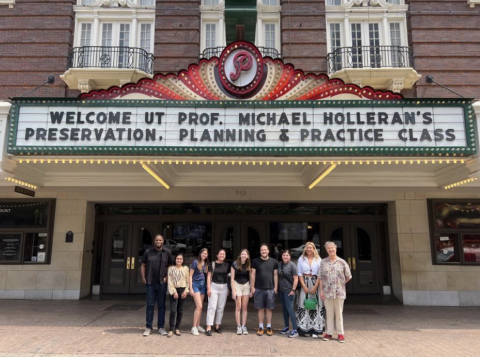 photo of students outside a historic theater