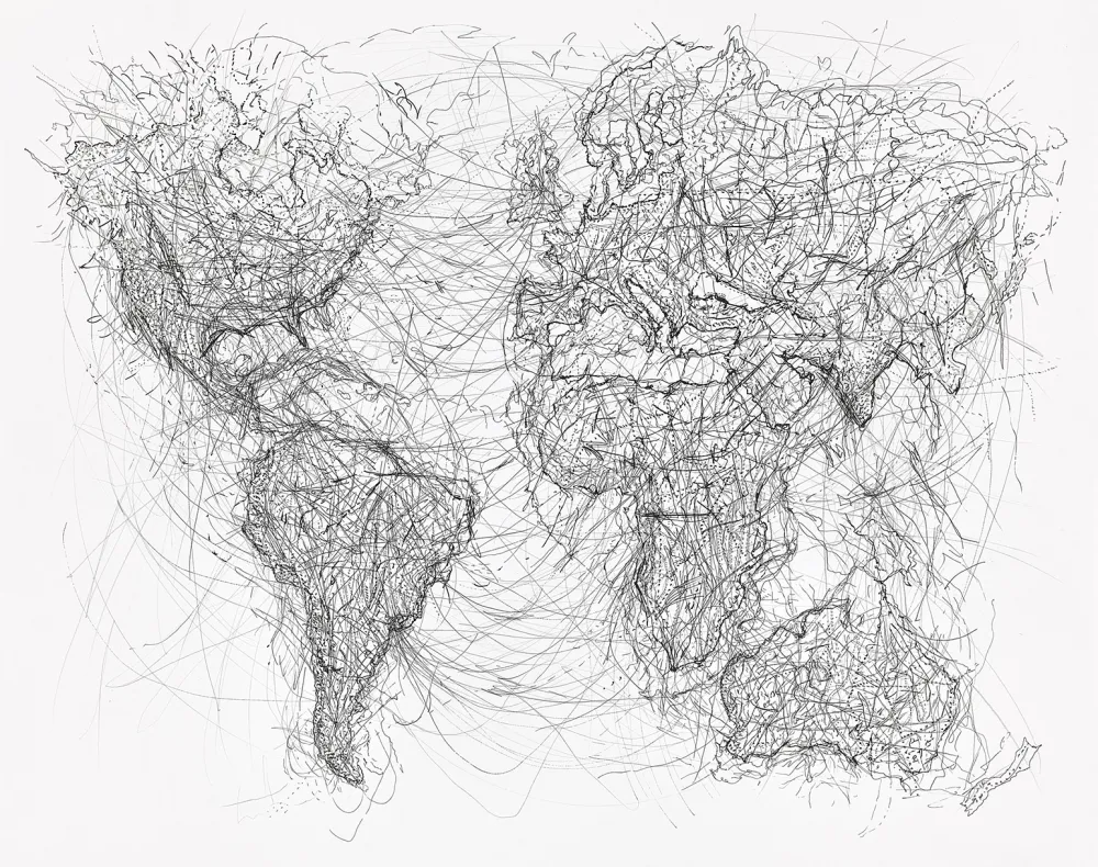 A black and white map of the globe with various lines and scribbles connecting different places on the map