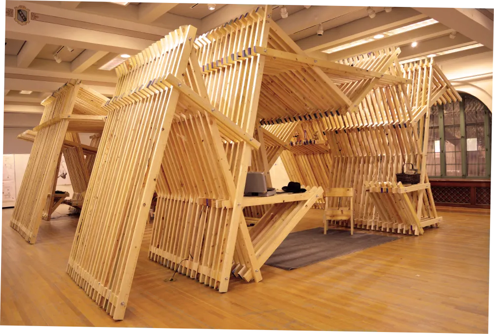 A series of 2x4s constructed into an A-Frame prototype for Barkow Leibinger's "American A-Frame" exhibition