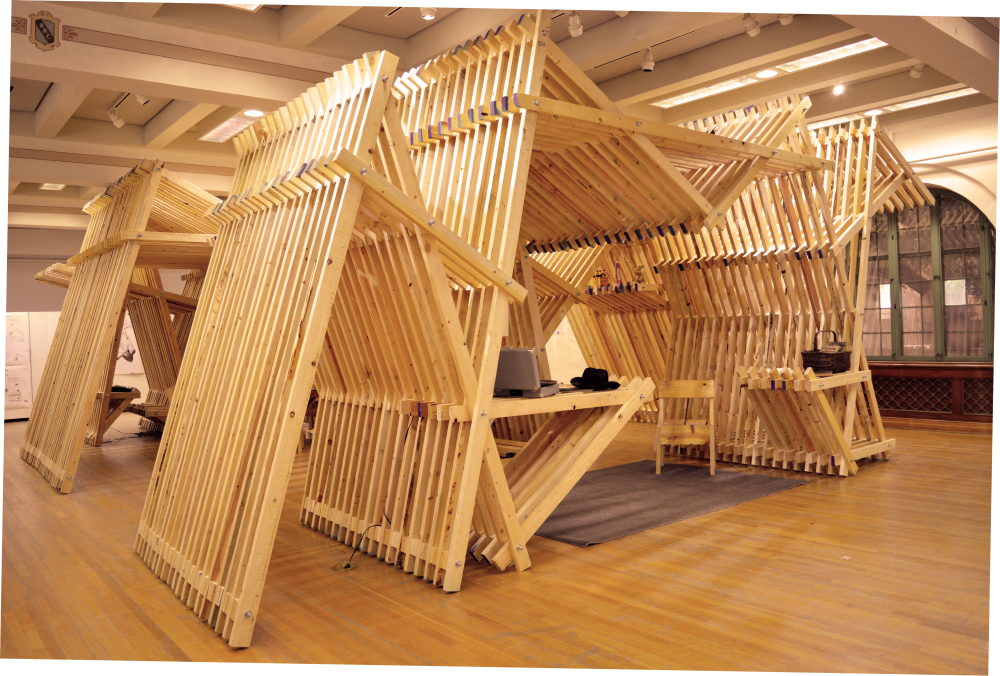 A series of 2x4s constructed into an A-Frame prototype for Barkow Leibinger's "American A-Frame" exhibition