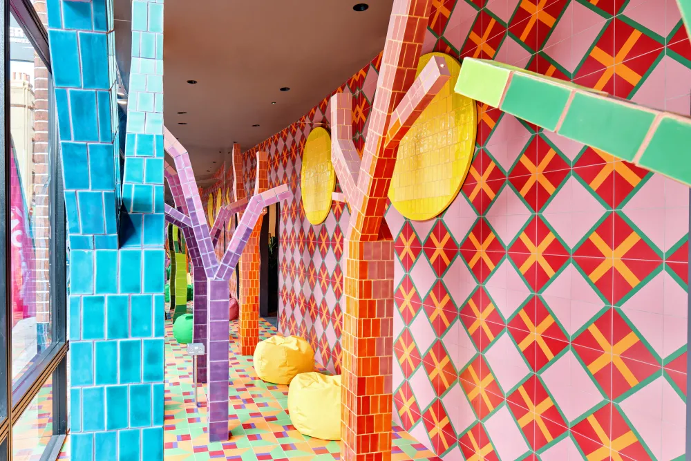 Colorful tiling of building courtyard