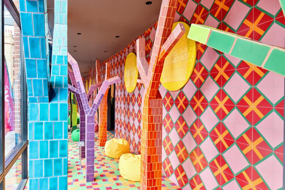 Colorful tiling of building courtyard