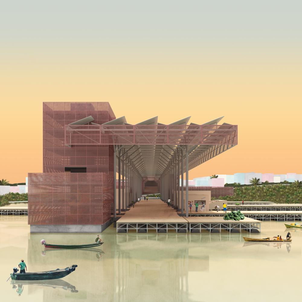 ater-level view of the intermodal terminal hub proposed as part of the Mindu River Vision Plan. Somatic Collaborative, 2018.