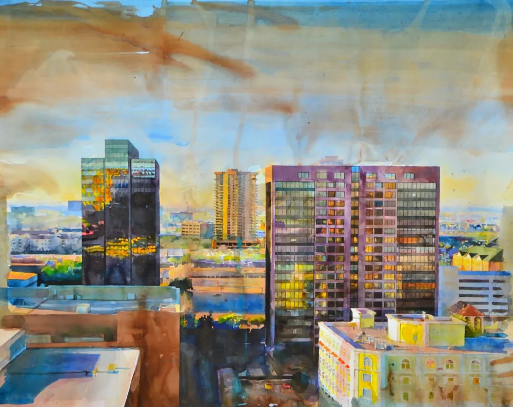 Watercolor of a city by Christopher St. Leger