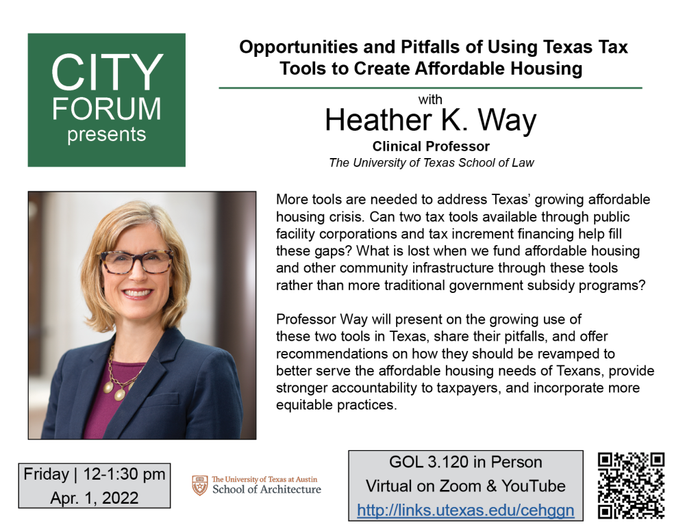 Flyer for City Forum lecture with Professor Heather K. Way from the University of Texas School of Law