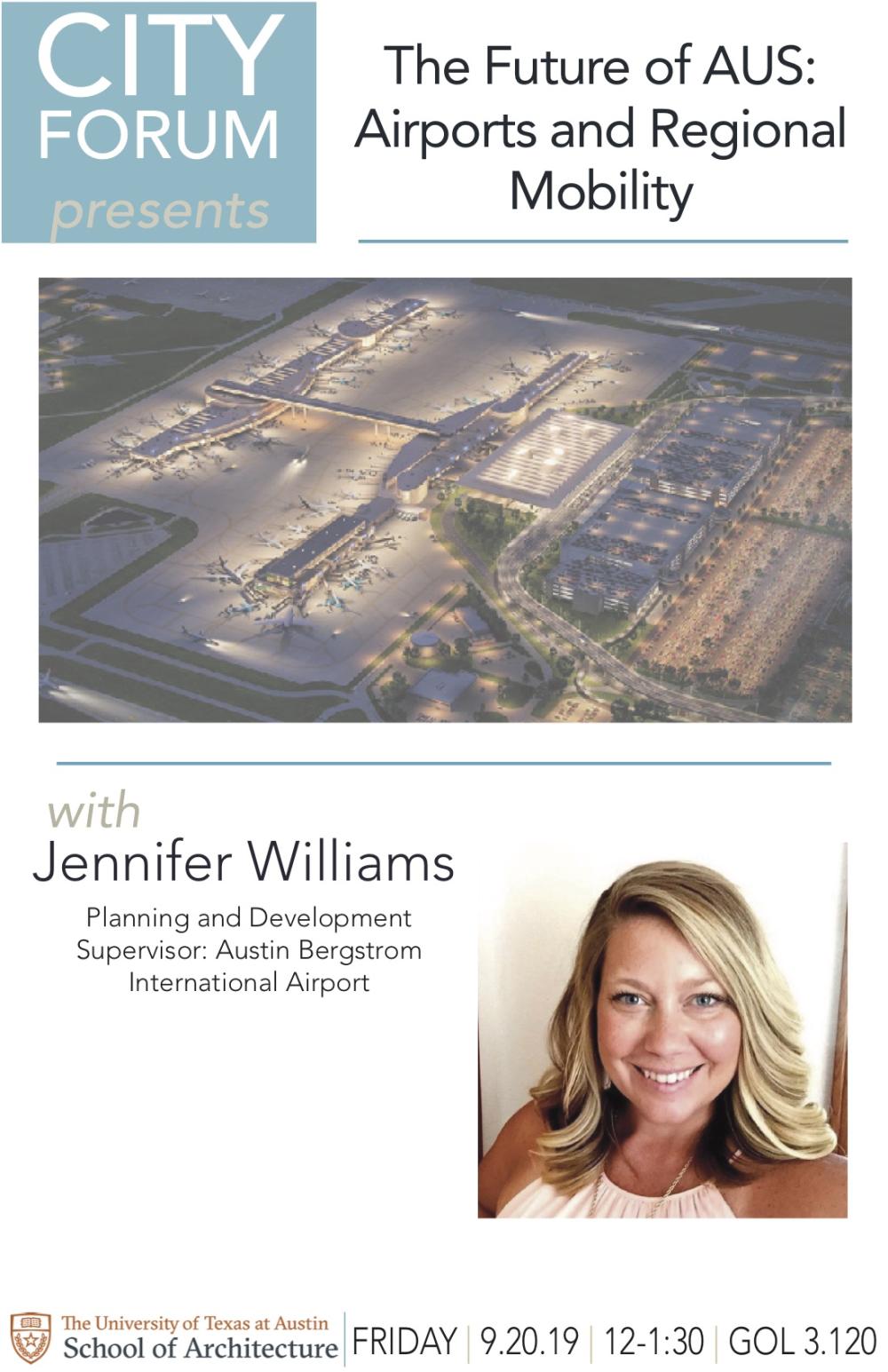 Poster of Jennifer Williams with a 3D rendering of Austin Bergstrom International Aiprport's 20 year plan