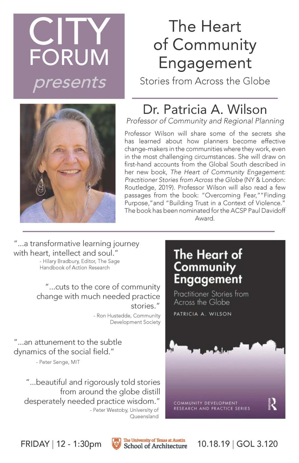 Image of City Forum poster featuring Dr. Patricia Wilson and the cover of her book, The Heart of Community Engagement: Practitioner Stories from Across the Globe