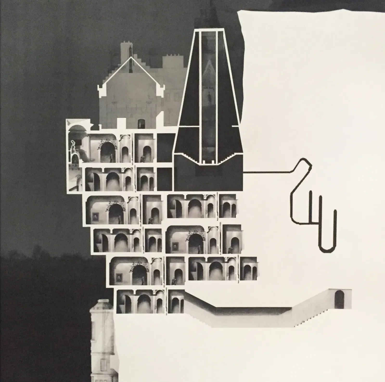 Sepia toned section of a multi-level building