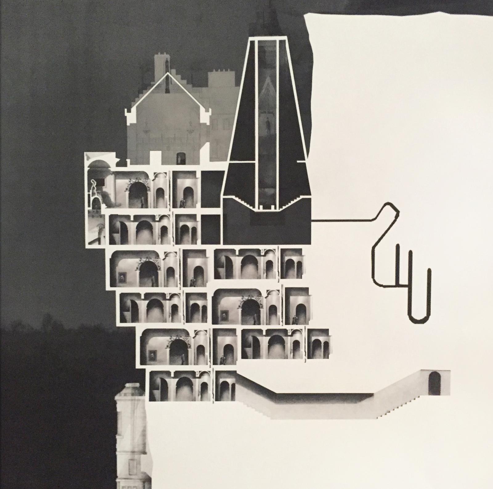 Sepia toned section of a multi-level building
