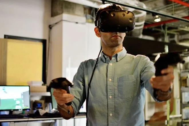 Student wearing a VR headset