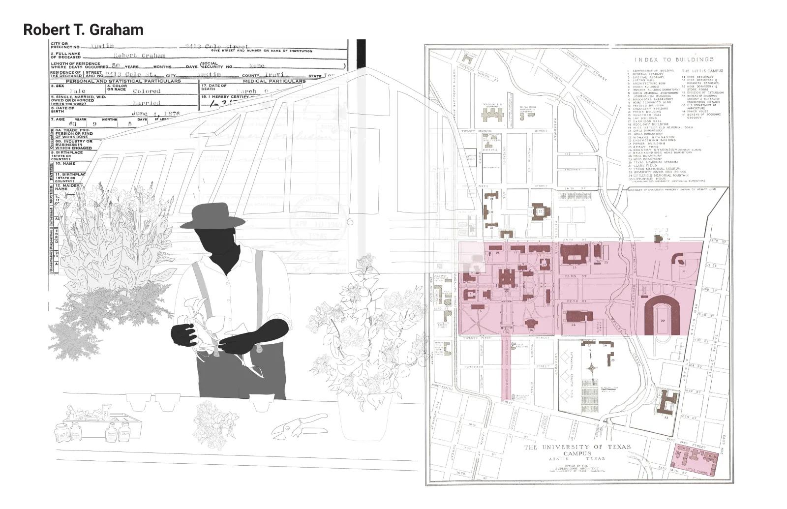 Student work visualizing contributions of Robert Graham and other African Americans to the UT Campus Work Force.