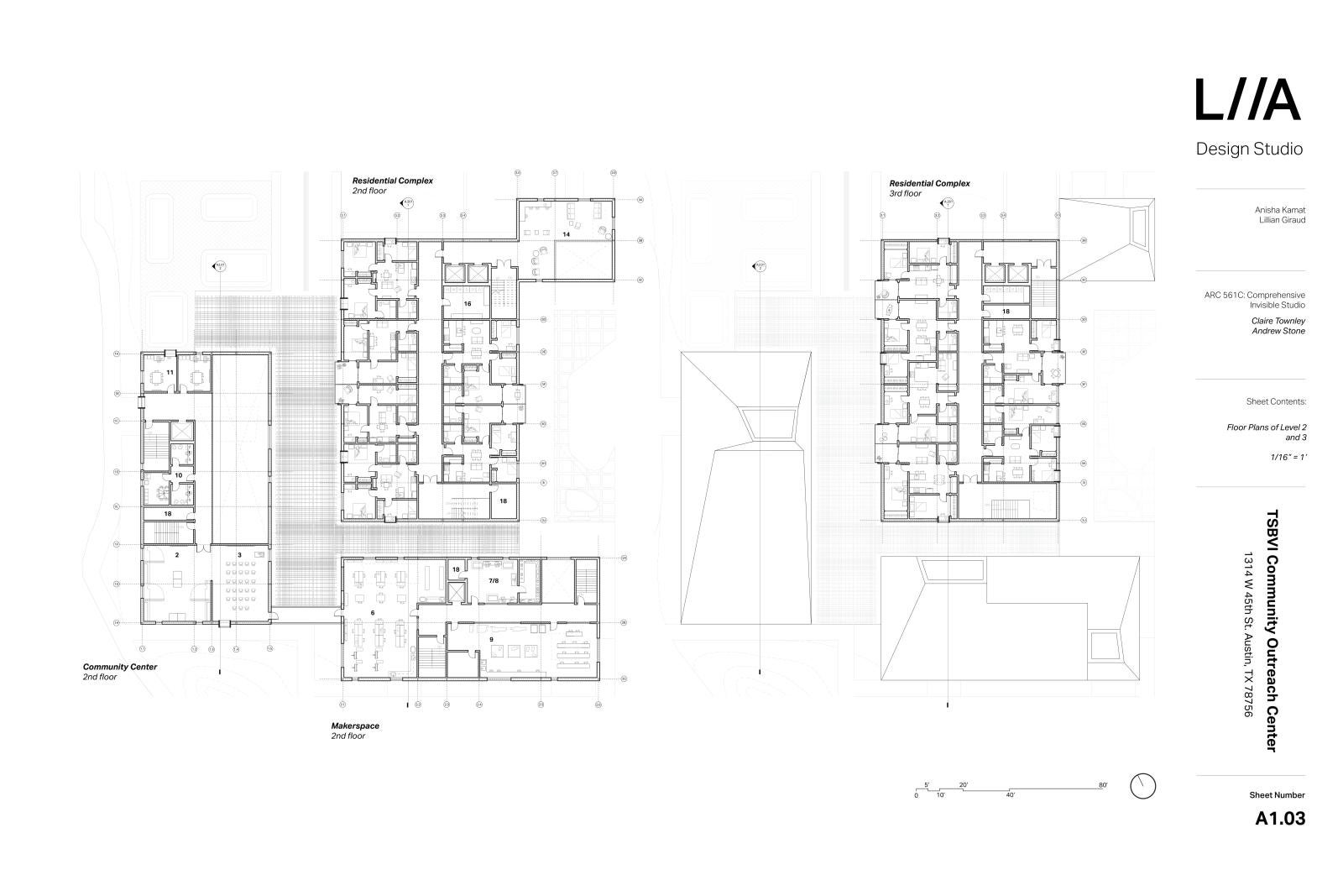 Floorplans of Level 2 and Level 3 of Anisha Kamat and Lillian Giraud's proposal for the Texas School for the Blind and Visually Impaired