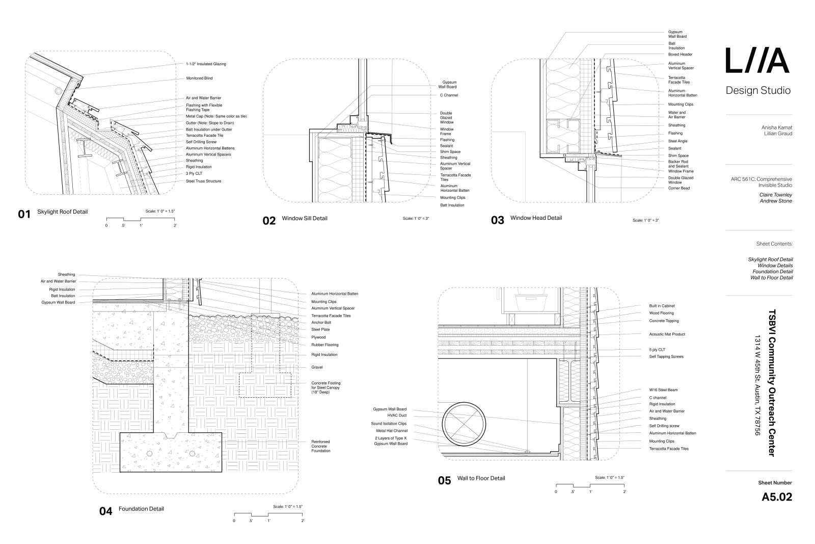 Skylight details, window details, foundation details, and wall-to-floor details
