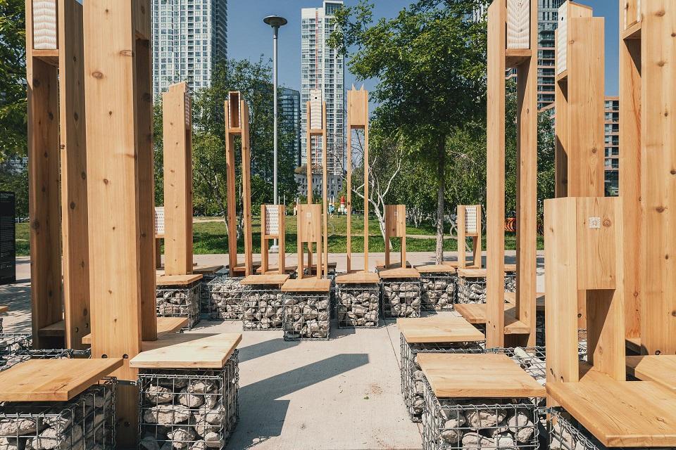 View of Multispecies Lounge looking through the middle of the cluster of urban furnishings