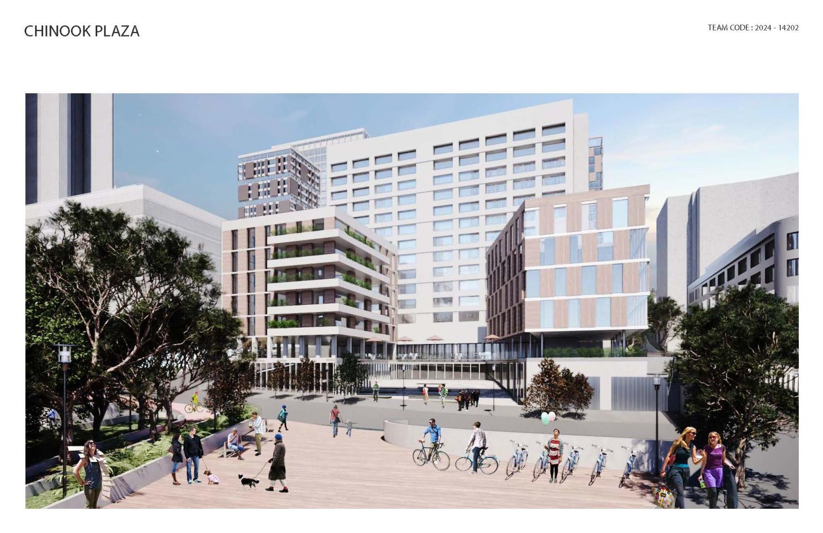 Rendering of the team's proposal for Chinook Plaza, including several buildings and people gathering and riding bikes.